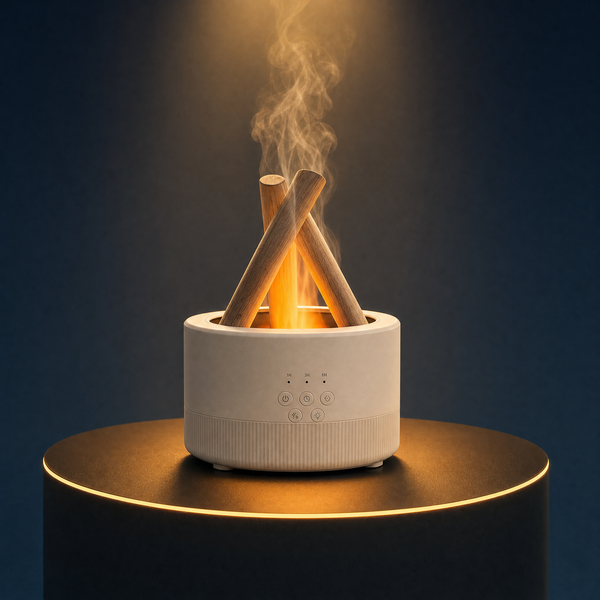 Der Lagerfeuer-Diffusor Solis Pyre auf einem beleuchteten schwarzen Podest, Flammeneffekt steigt zwischen den Holzscheiten auf