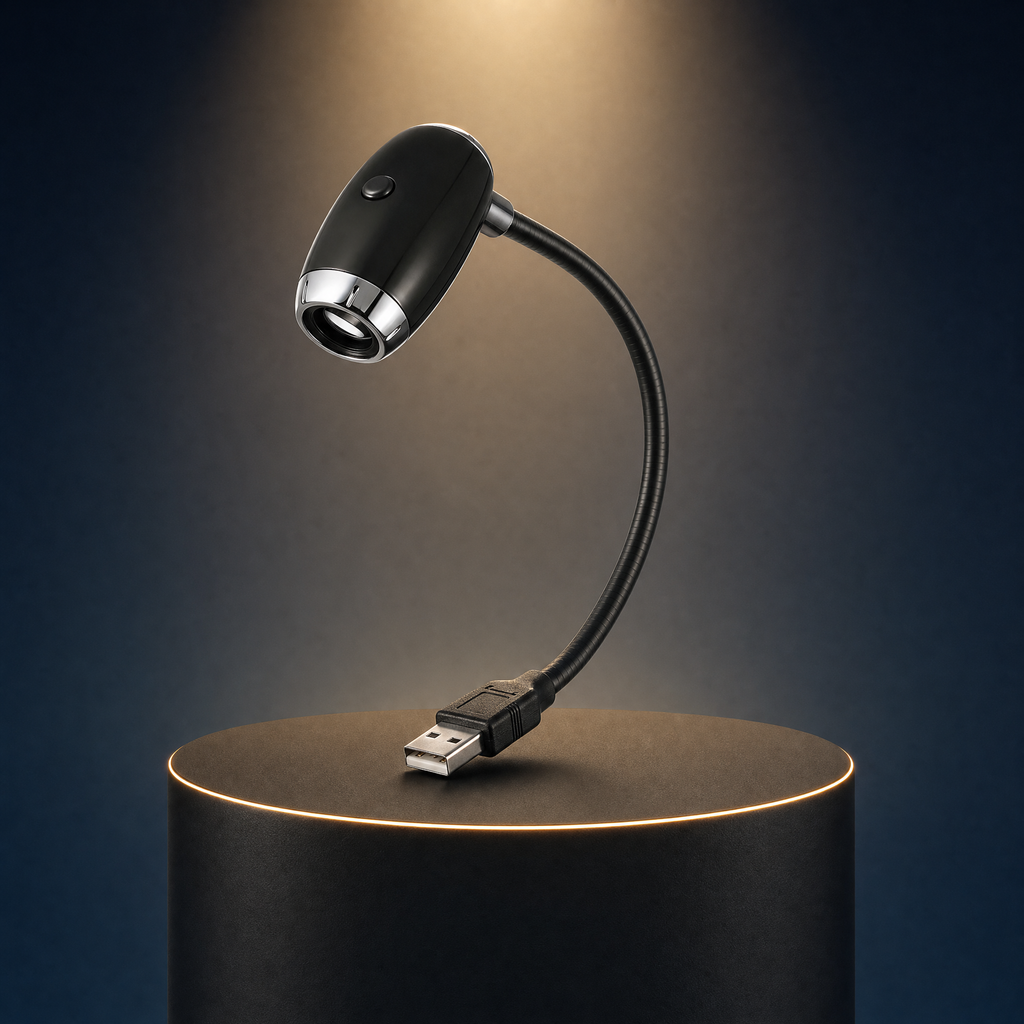 The Solis Orbit USB nebula projector on a lit black podium, gooseneck curved