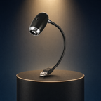 The Solis Orbit USB nebula projector on a lit black podium, gooseneck curved