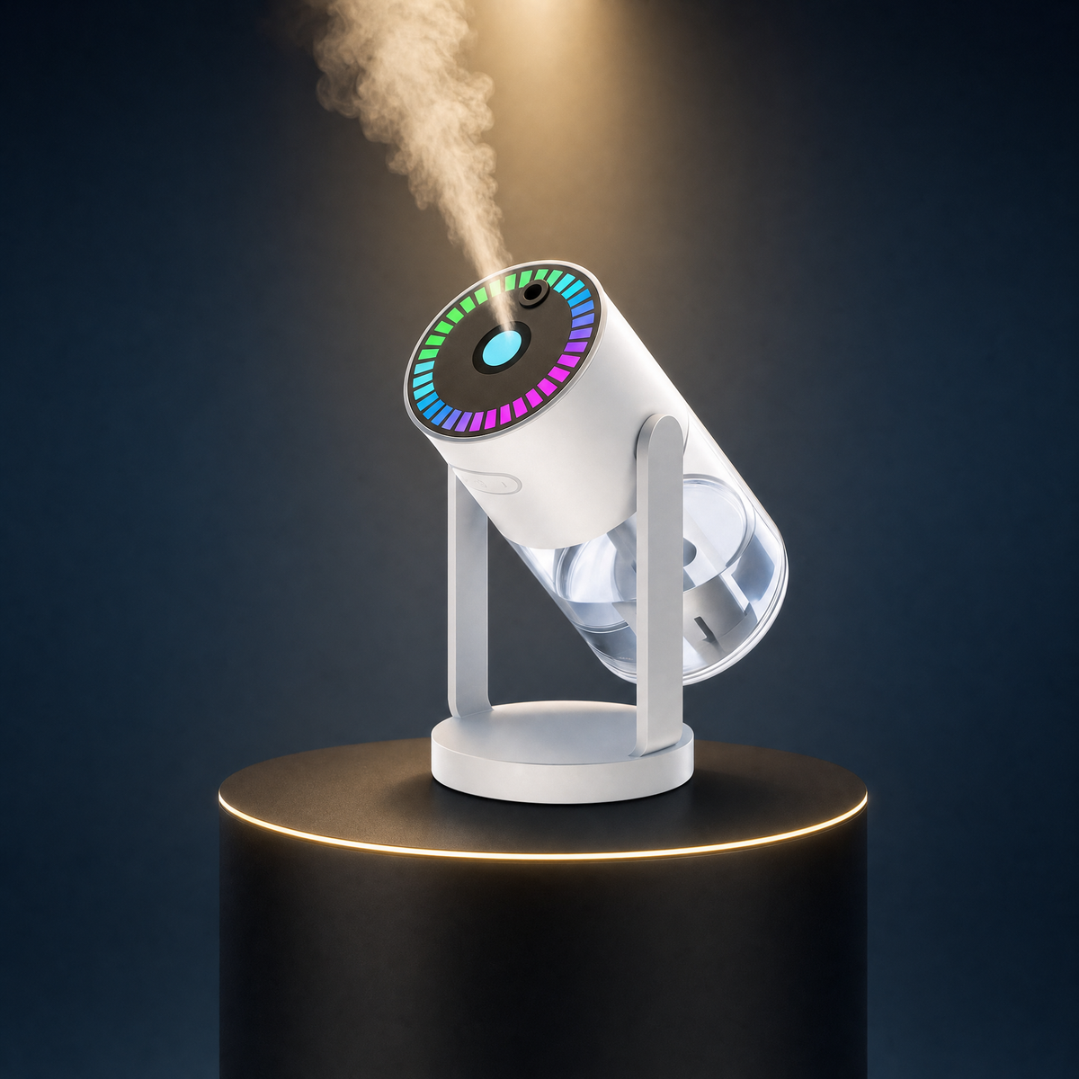 The Solis Nimbus humidifier on a lit black podium, RGB ring lit and mist rising