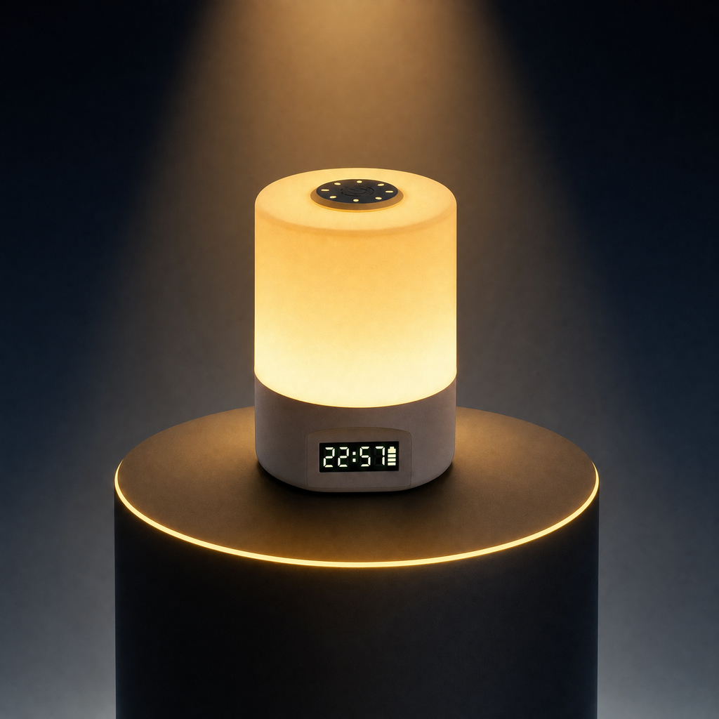 The Solis Horae touch lamp on a lit black podium, warm light and the clock lit on its base