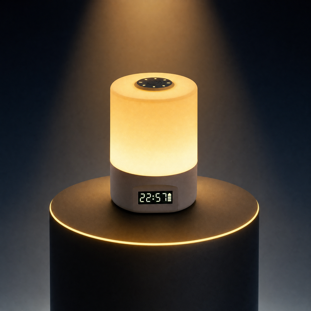 The Solis Horae touch lamp on a lit black podium, warm light and the clock lit on its base
