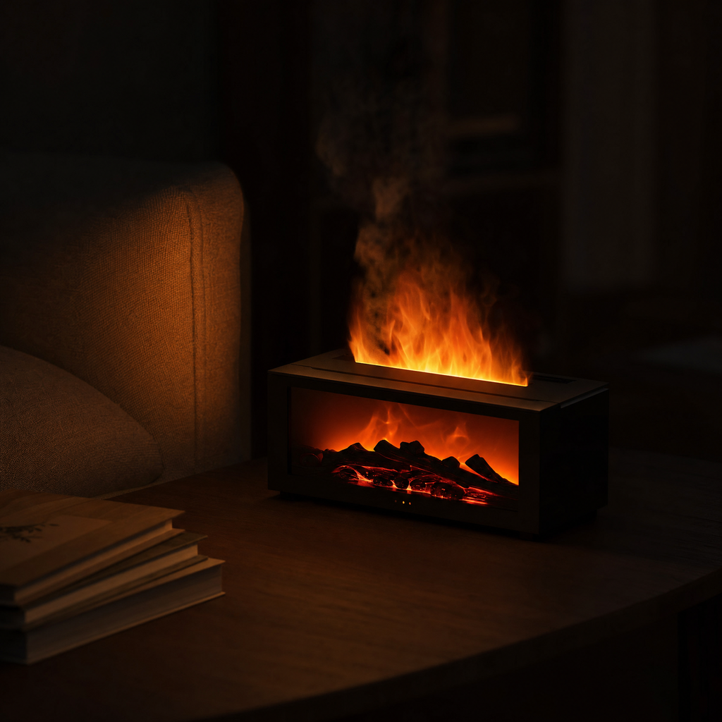 The Solis Hearth running on a low table in a dark living room
