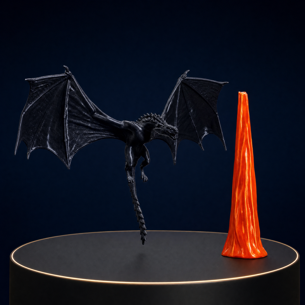 The two pieces of the Solis Draco — the dragon and the flame column — shown separately