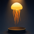The Solis Medusa lit in warm amber, close in on the glowing dome and tentacles