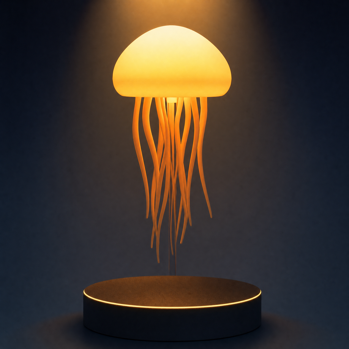 The Solis Medusa lit in warm amber, close in on the glowing dome and tentacles