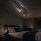 The Solis Nova projecting a dense starfield across a dark bedroom ceiling