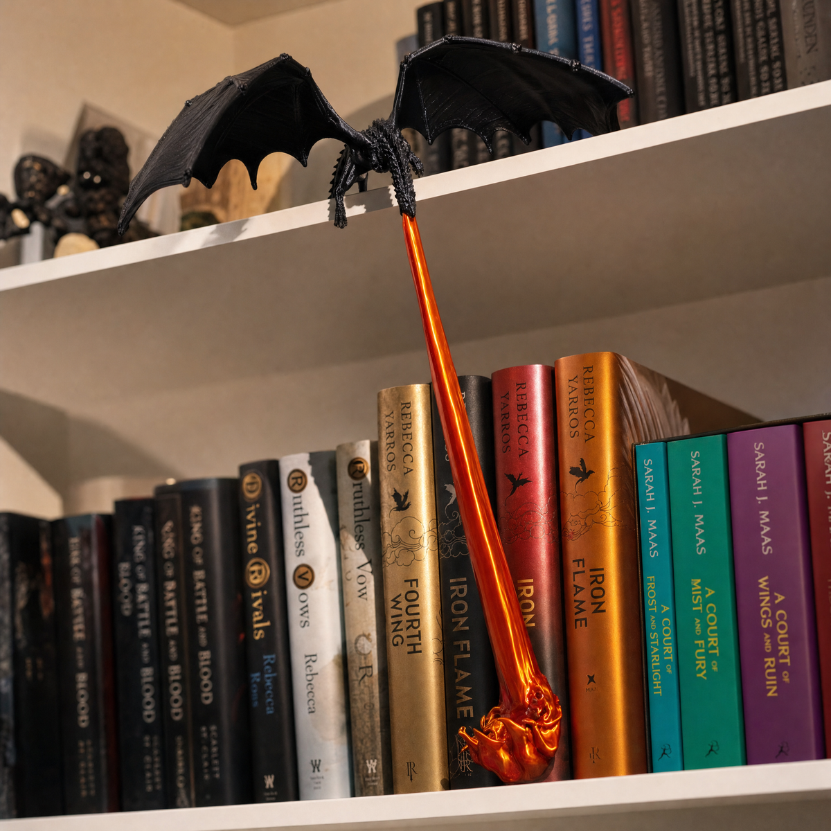 The Solis Draco perched on the edge of a white bookshelf with the flame column resting among the books below