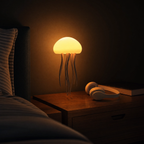 The Solis Medusa glowing amber on a bedside table in a dark bedroom