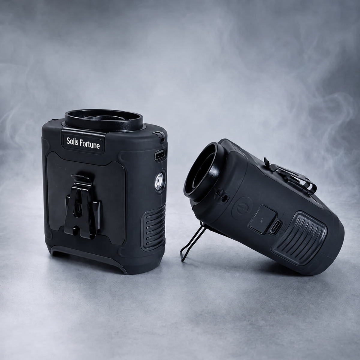 Solis Breeze waist fan in black, showing the USB-C port on the tipped unit