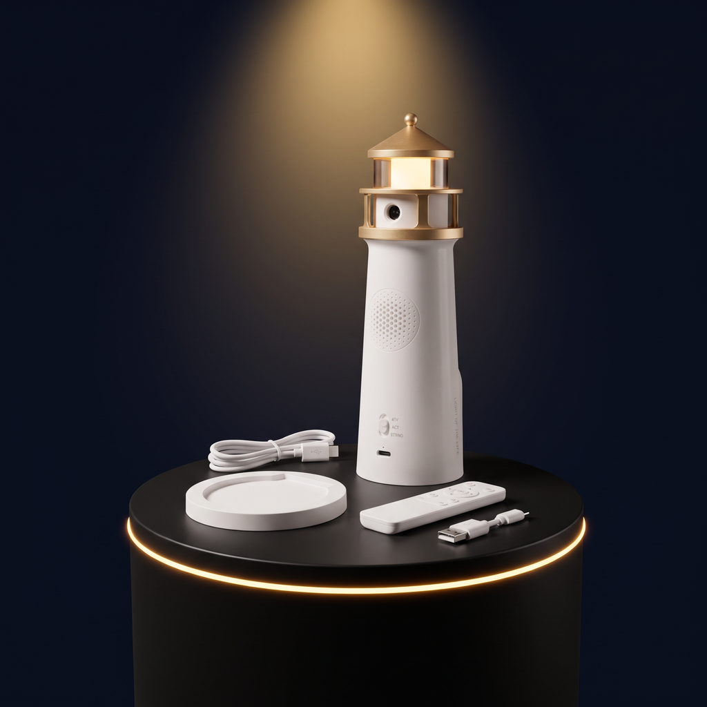 The Solis Pharos with its removable base separated, and the remote beside it