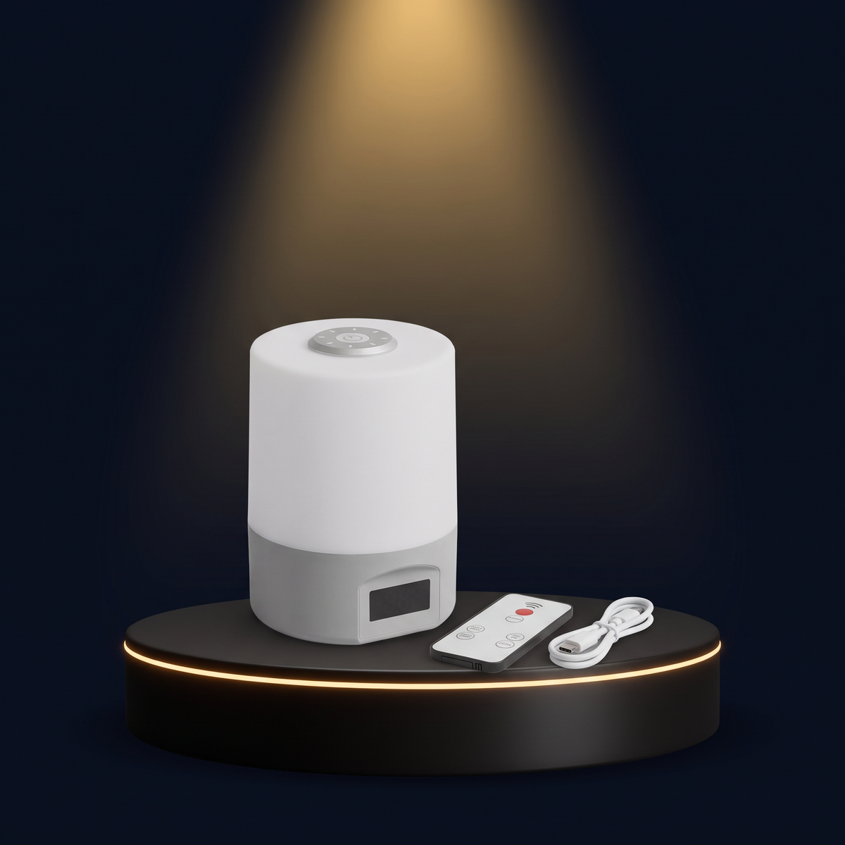 The Solis Horae with its remote and USB-C cable beside it