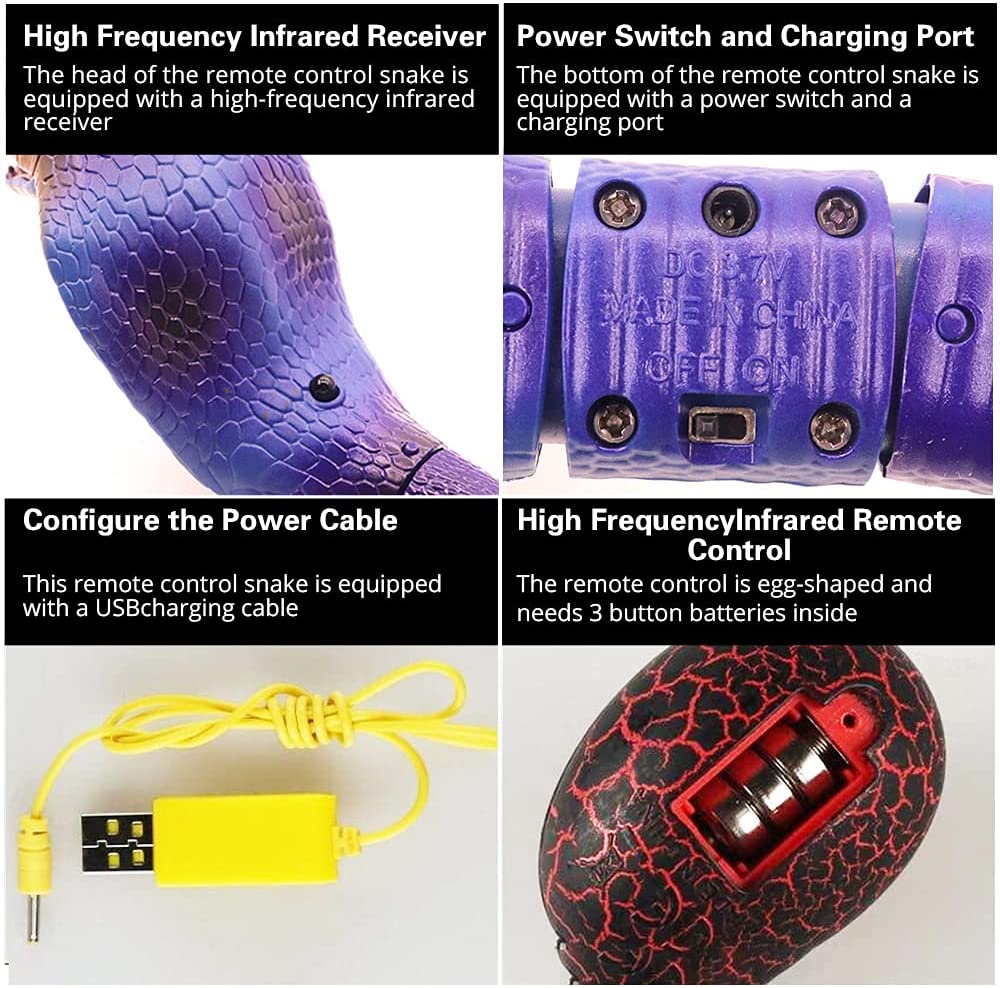 Four detail panels: infrared receiver in the head, power switch and charging port underneath, the USB charging cable, and the egg remote opened to show its three button cells