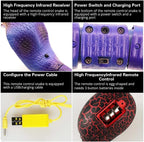 Four detail panels: infrared receiver in the head, power switch and charging port underneath, the USB charging cable, and the egg remote opened to show its three button cells