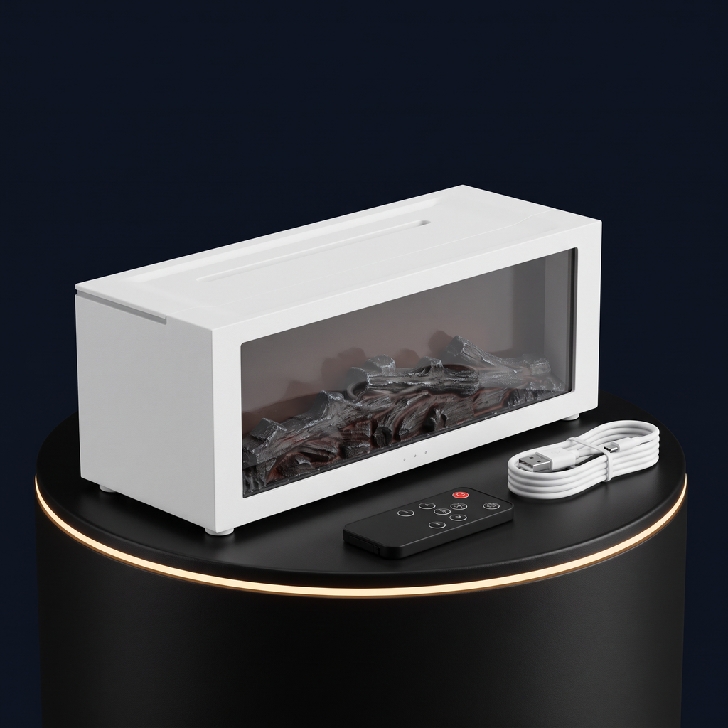 The Solis Hearth with its infrared remote and USB-C power cable beside it