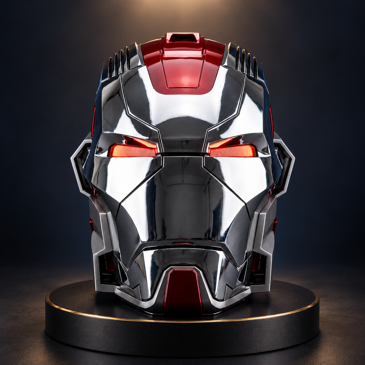 Solis Aegis MK-XVII Motorized Wearable Helmet — Silver & Red, dark studio product view