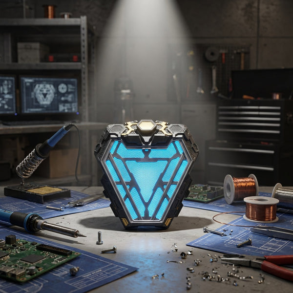 Solis Arc Reactor — MK50 arc reactor glowing blue on a workbench