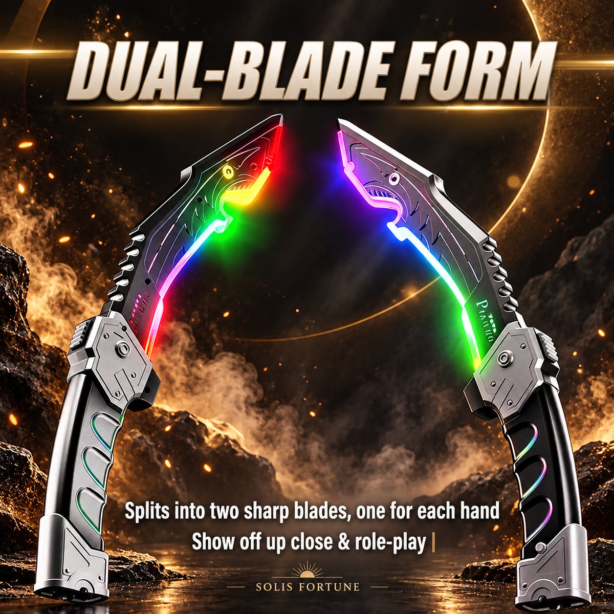 Solis Arcfang — dual-blade form: one glowing blade for each hand