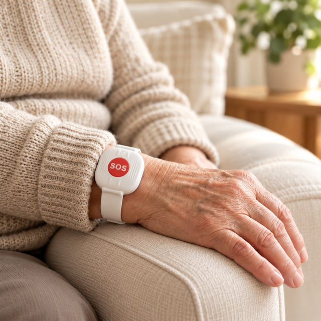 Solis Beacon — SOS alert bracelet worn on an elderly woman's wrist
