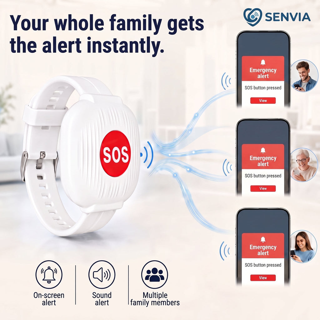 Solis Beacon — one press of the SOS bracelet sends an alert to every family member's phone