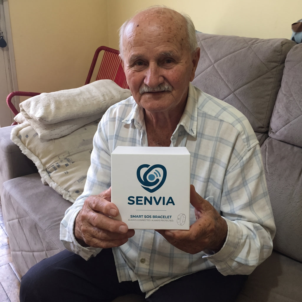 Solis Beacon — elderly man on his sofa holding the SOS bracelet box