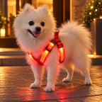 Solis Beamwalk - small dog wearing the red usb rechargeable LED harness