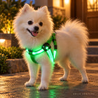 Solis Beamwalk - small dog wearing the green usb rechargeable LED harness