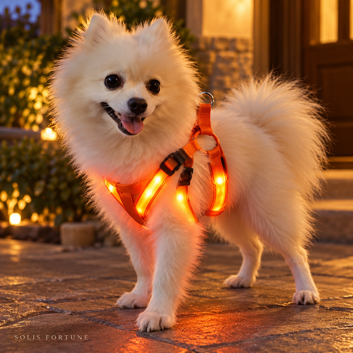 Solis Beamwalk - small dog wearing the orange usb rechargeable LED harness