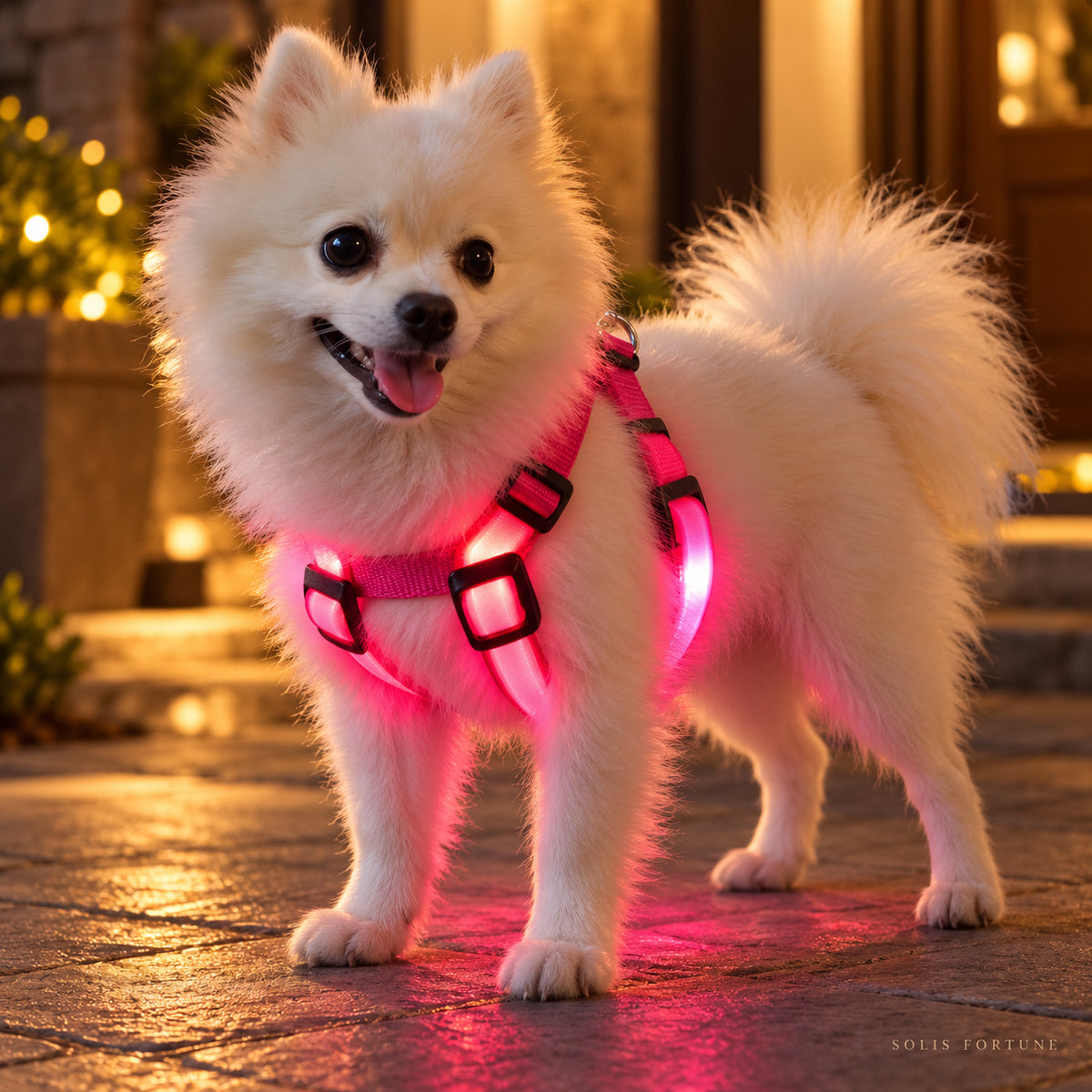 Solis Beamwalk - small dog wearing the pink usb rechargeable LED harness