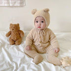 Solis Bear Cub Romper — Light Tan: fuzzy footed romper with bear-ear bonnet