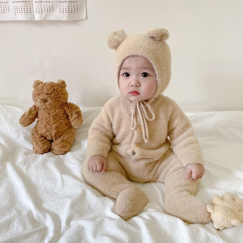 Solis Bear Cub Romper — Light Tan: fuzzy footed romper with bear-ear bonnet
