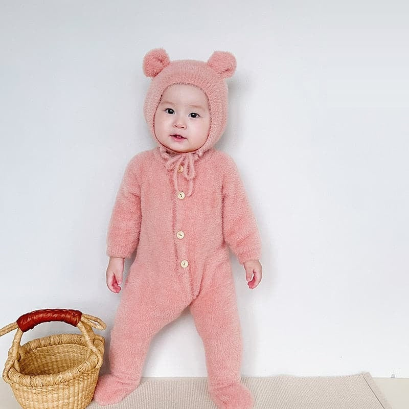 Solis Bear Cub Romper — Pink: fuzzy footed romper with bear-ear bonnet