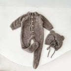 Solis Bear Cub Romper — Gray: fuzzy footed romper with bear-ear bonnet