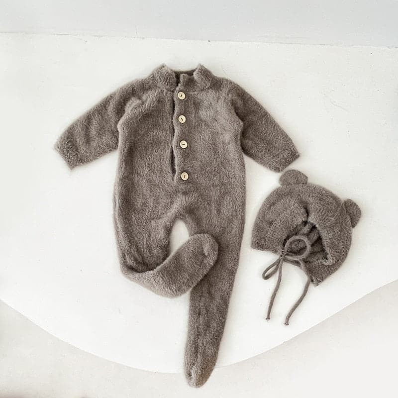 Solis Bear Cub Romper — Gray: fuzzy footed romper with bear-ear bonnet