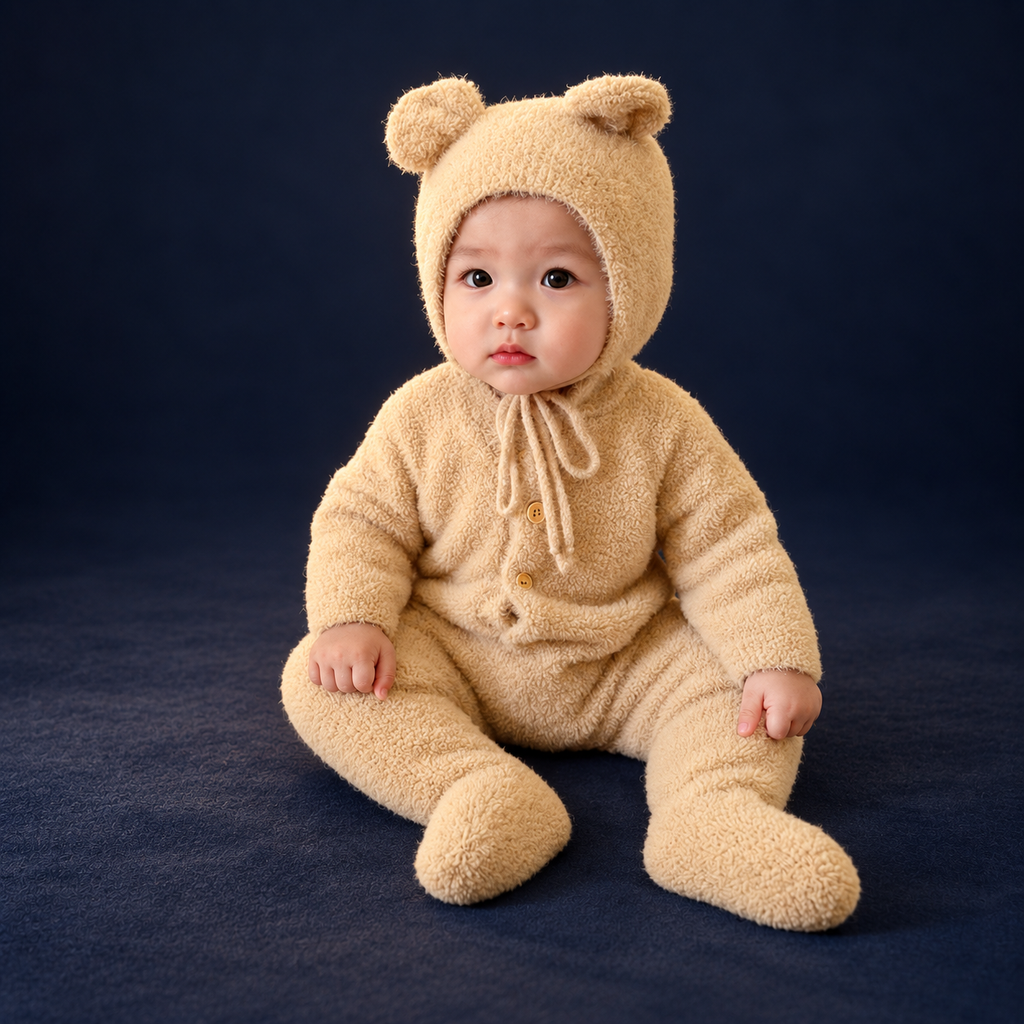 solis bear cub romper — Light Tan worn by a child on a dark navy studio background