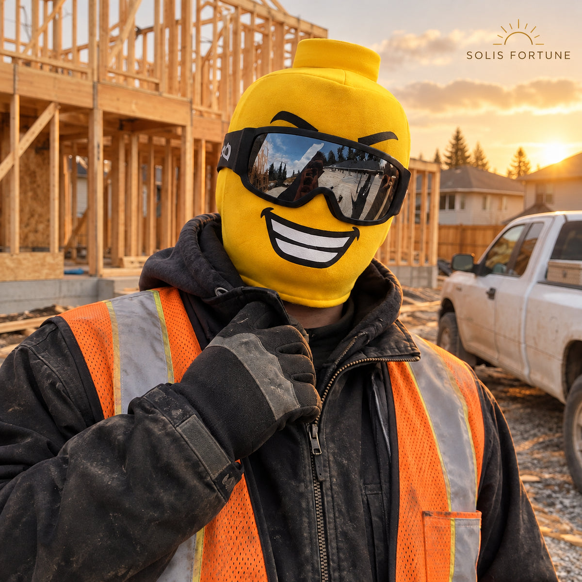 Solis Block Head — Big Grin yellow block head ski mask on a construction site