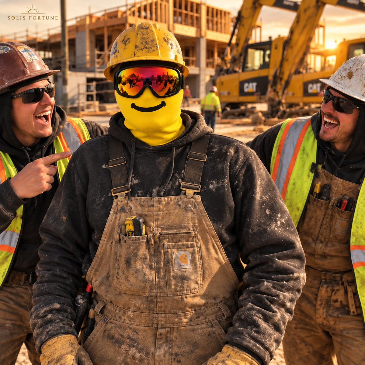 Solis Block Head — Solis Block Head ski mask worn on a construction site with a hard hat