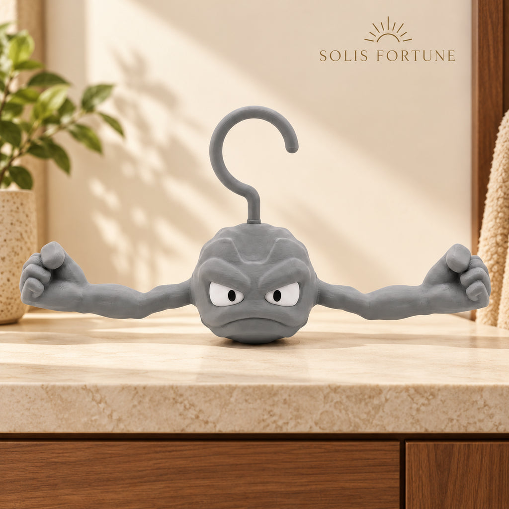 Solis Boulder — grey rock character clothes hanger with flexing arms, front view