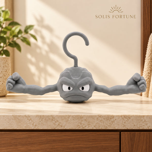 Solis Boulder — grey rock character clothes hanger with flexing arms, front view