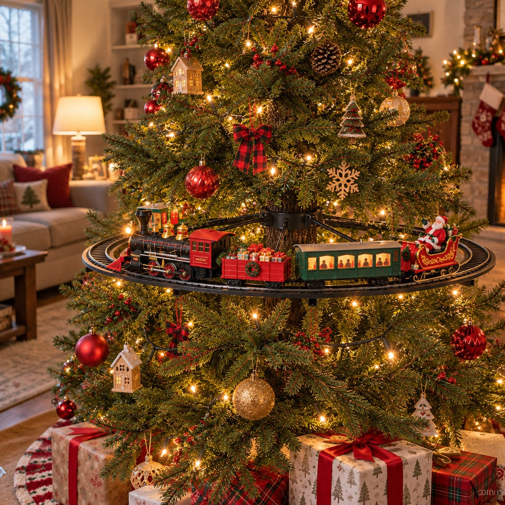 Solis Branchline — Christmas tree train set running inside a decorated Christmas tree