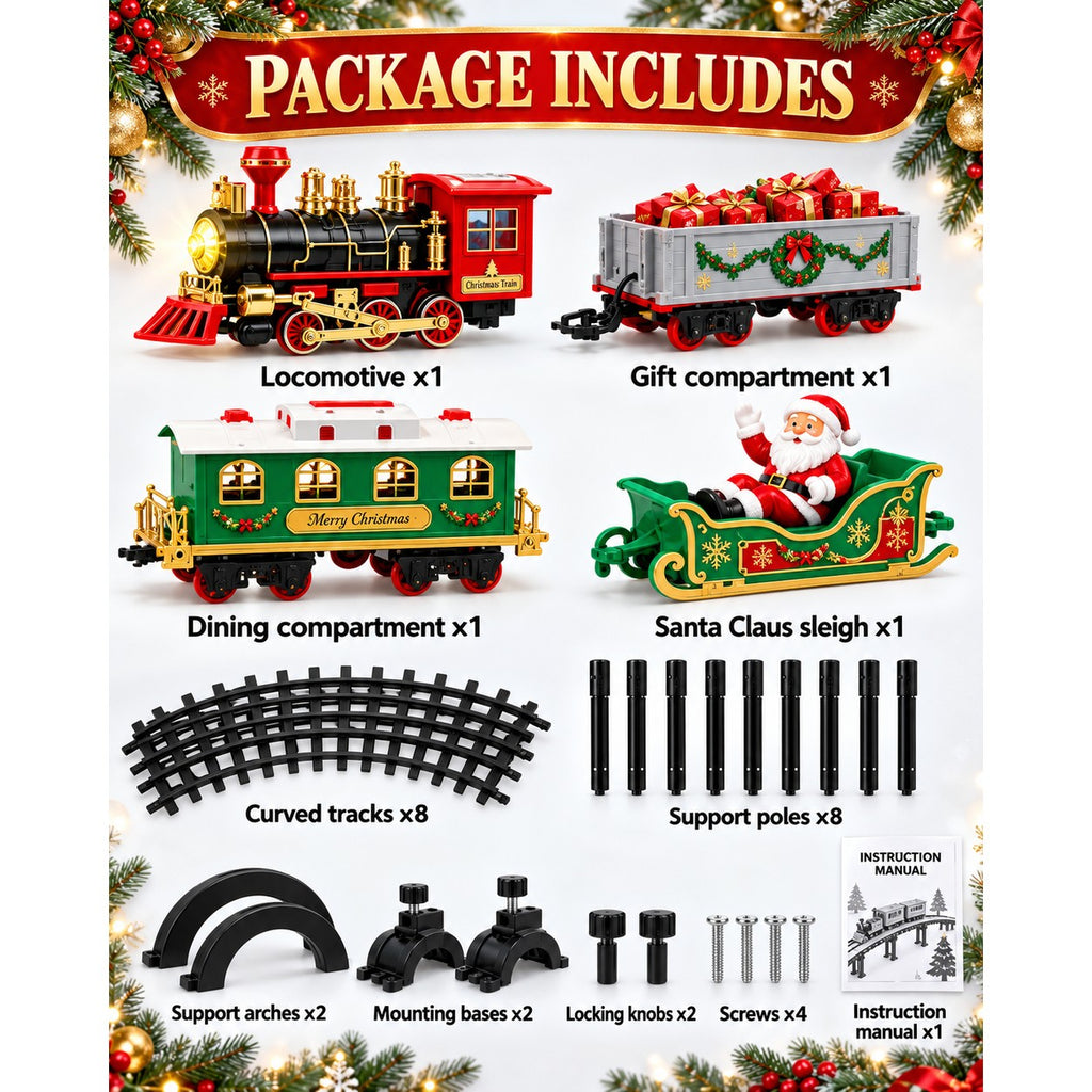 Solis Branchline — what is in the box: locomotive, gift car, dining car, Santa sleigh, tracks and supports