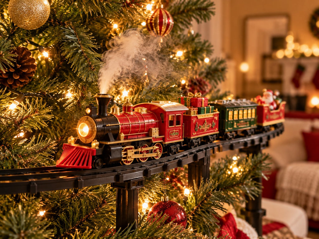 Solis Branchline — locomotive blowing steam as it circles the Christmas tree