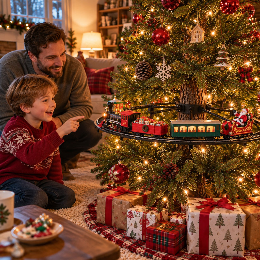 Solis Branchline — father and son watching the train that goes inside the Christmas tree