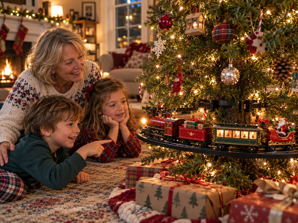 Solis Branchline — grandmother and kids watching the Christmas tree train