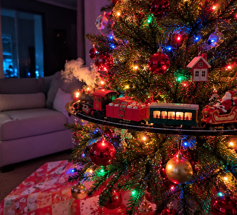 Solis Branchline — Christmas tree train with steam in a tree with colourful lights