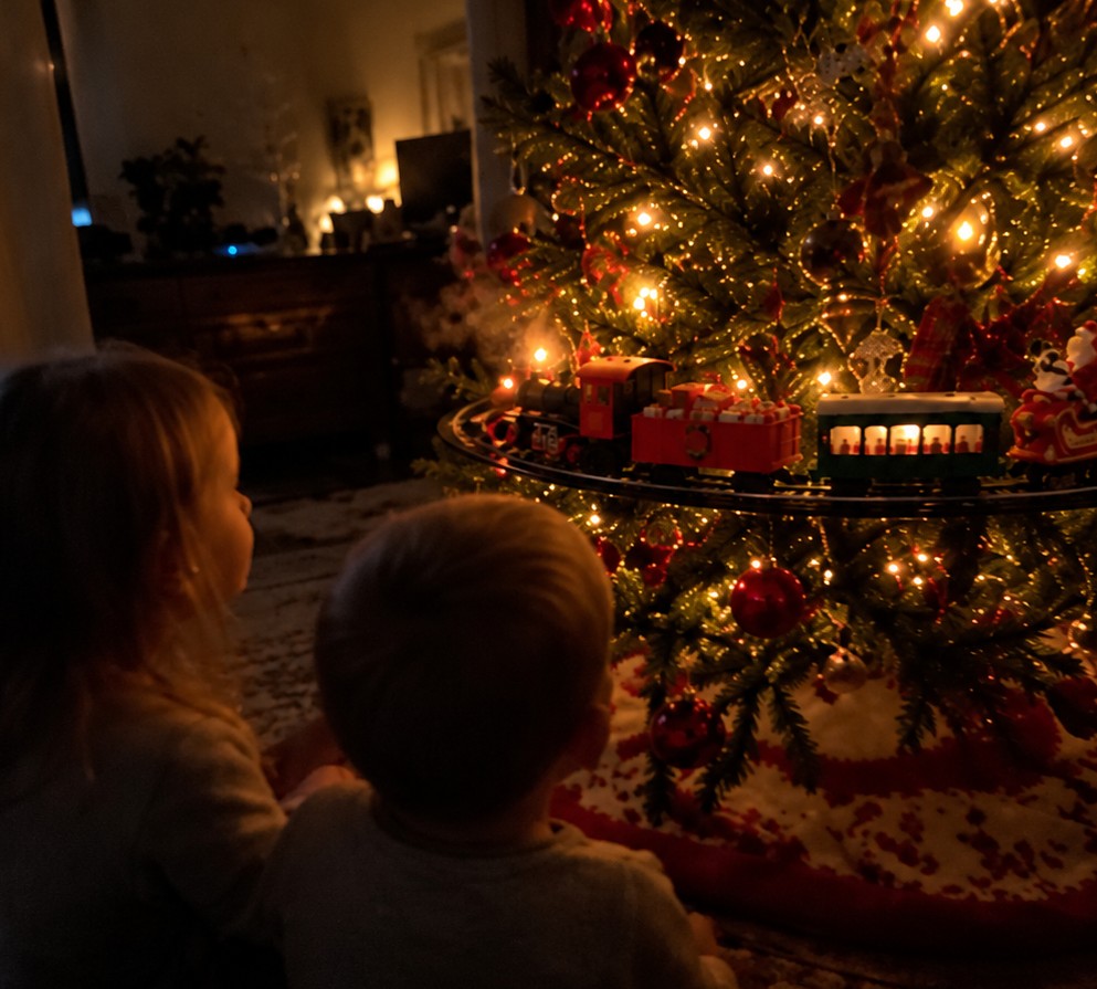 Solis Branchline — two kids watching the train go around the tree