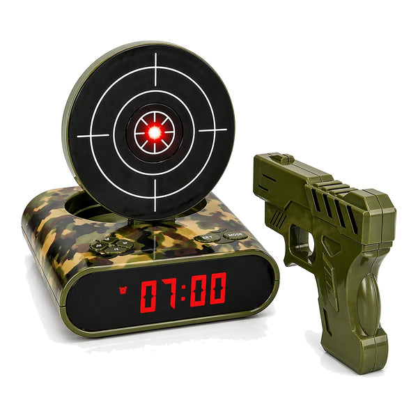 Solis Bullseye — camo target alarm clock with pop-up bullseye and toy blaster