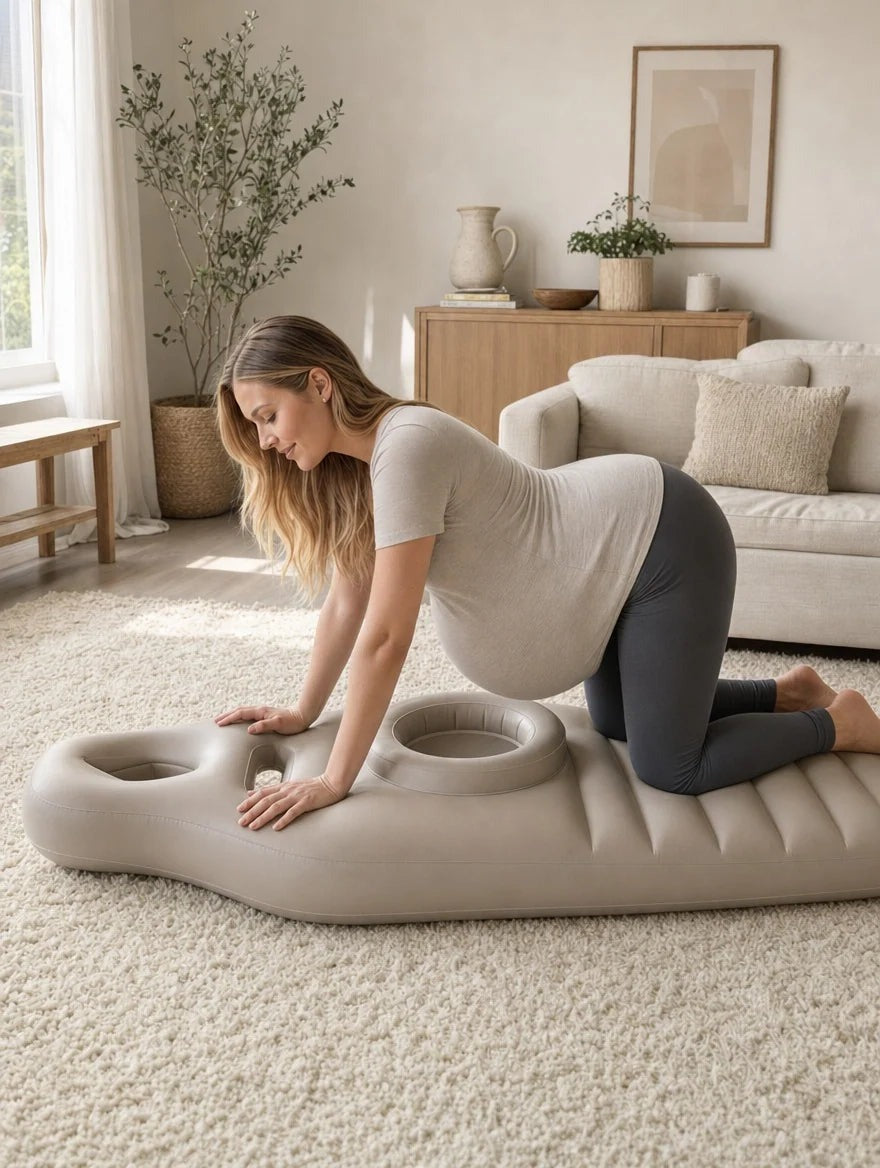 Solis Bumpnest — pregnant woman kneeling onto the mattress on a living room rug