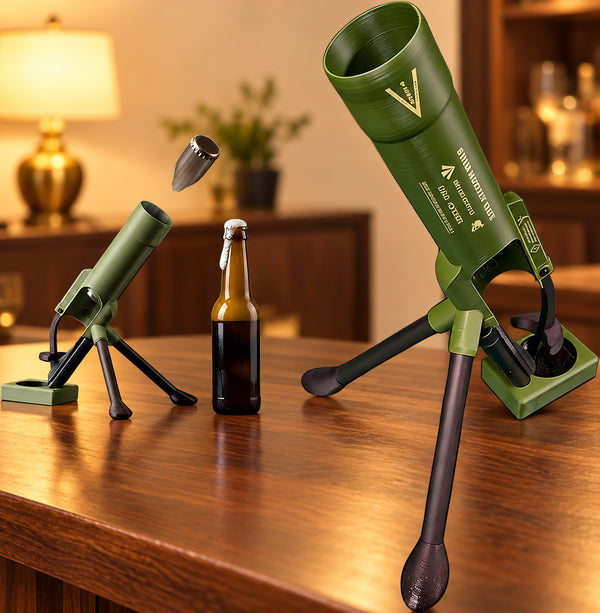 Solis Cap Popper — beer mortar bottle opener on its tripod next to a beer bottle, cap popping off