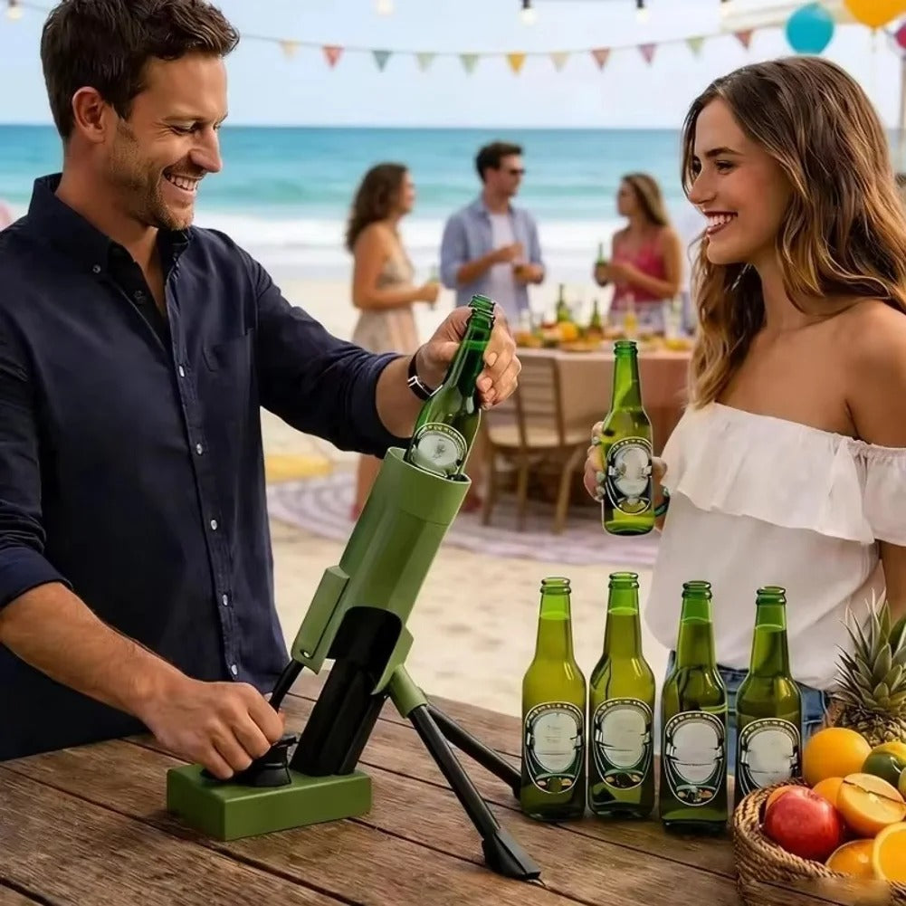 Solis Cap Popper — man pushing a beer bottle into the bottle cap launcher at a beach party